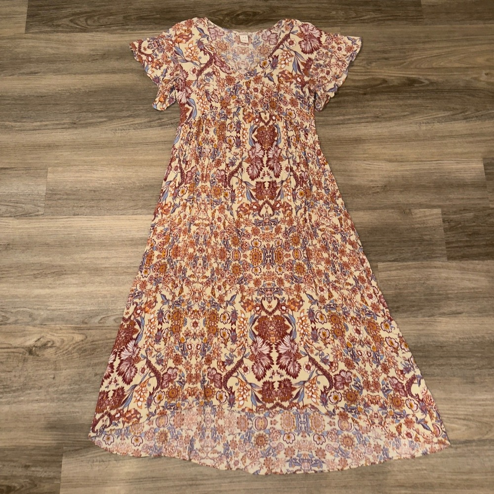 Sundance Women Floral Flutter Sleeve V-Neck High Low Rayon Midi Dress Size 12